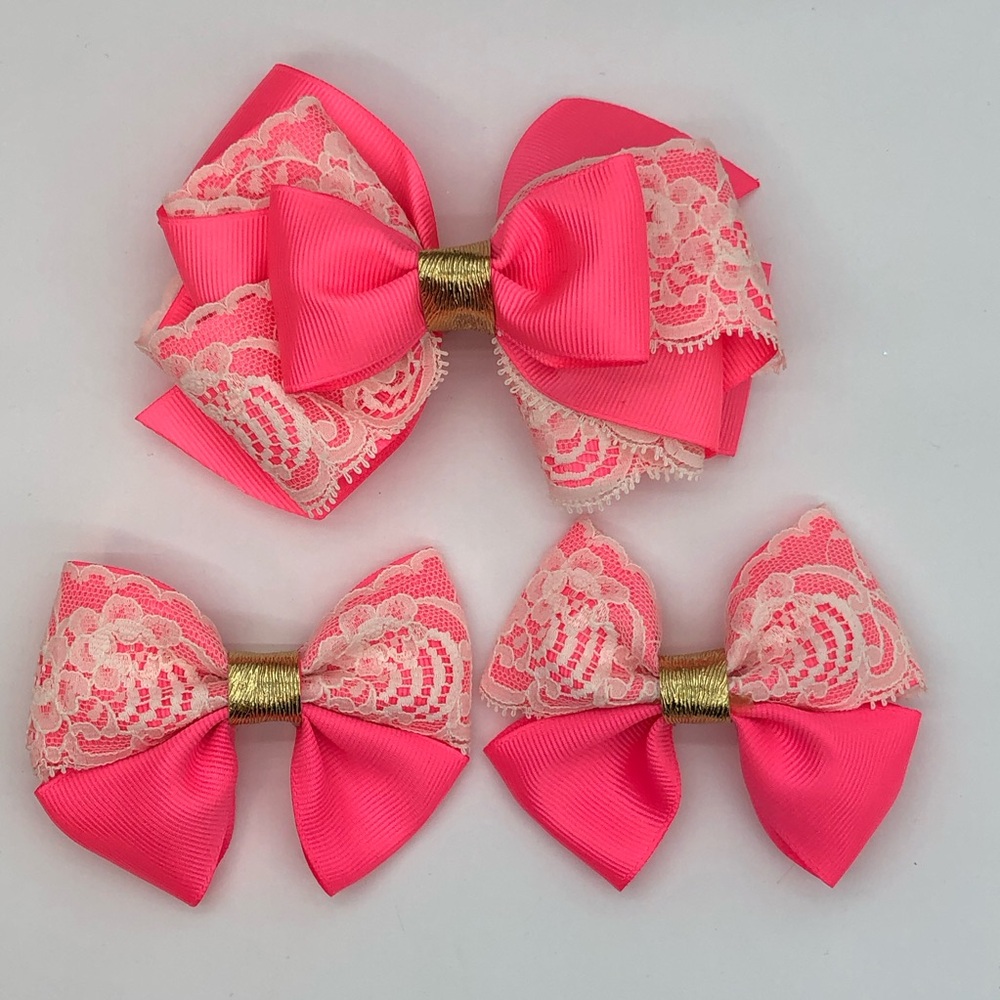 Girls Pink Lace Layered Hair Bows with Gold Center - set of three